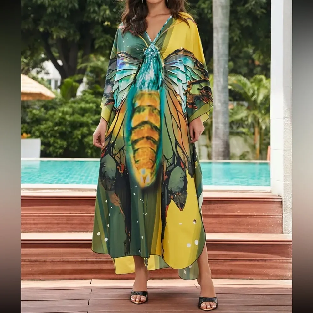 CELEBRATE YELLOW DRAGNFLY MIX BOHO S-4XL LOUNGE COVERUP ROBE RESORT DRES… - Picture 4 of 8